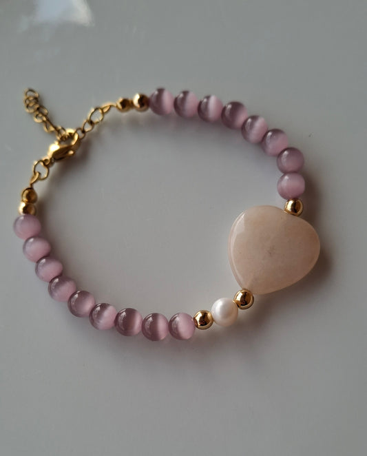 Bracciale pietra occhio di gatto, con perla e giada